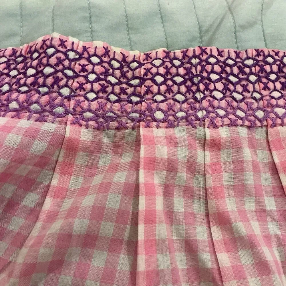 Vintage Pink Gingham Half Apron Purple Embroidery Pocket 70” Waist Ties